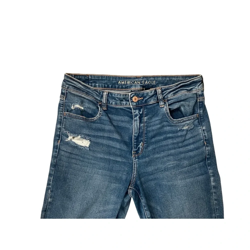 American Eagle Womens‎ High Waisted Blue Distressed Skinny Jeans Long Size 14 - Picture 2 of 10